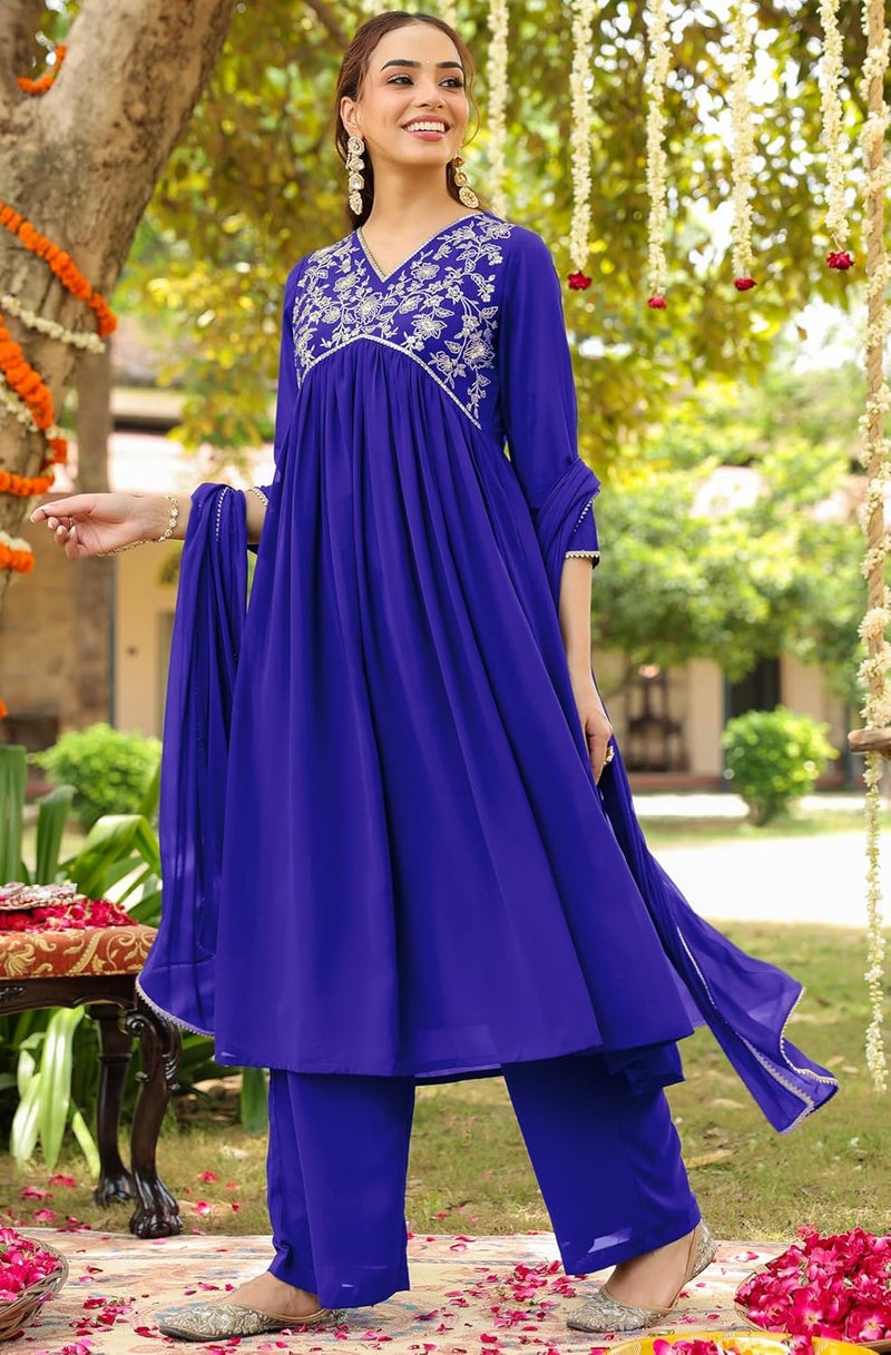 Janasya Women's Royal Blue Georgette Zari Yoke Embroidered A-line Kurta with Palazzo & Dupatta Set - Image 5